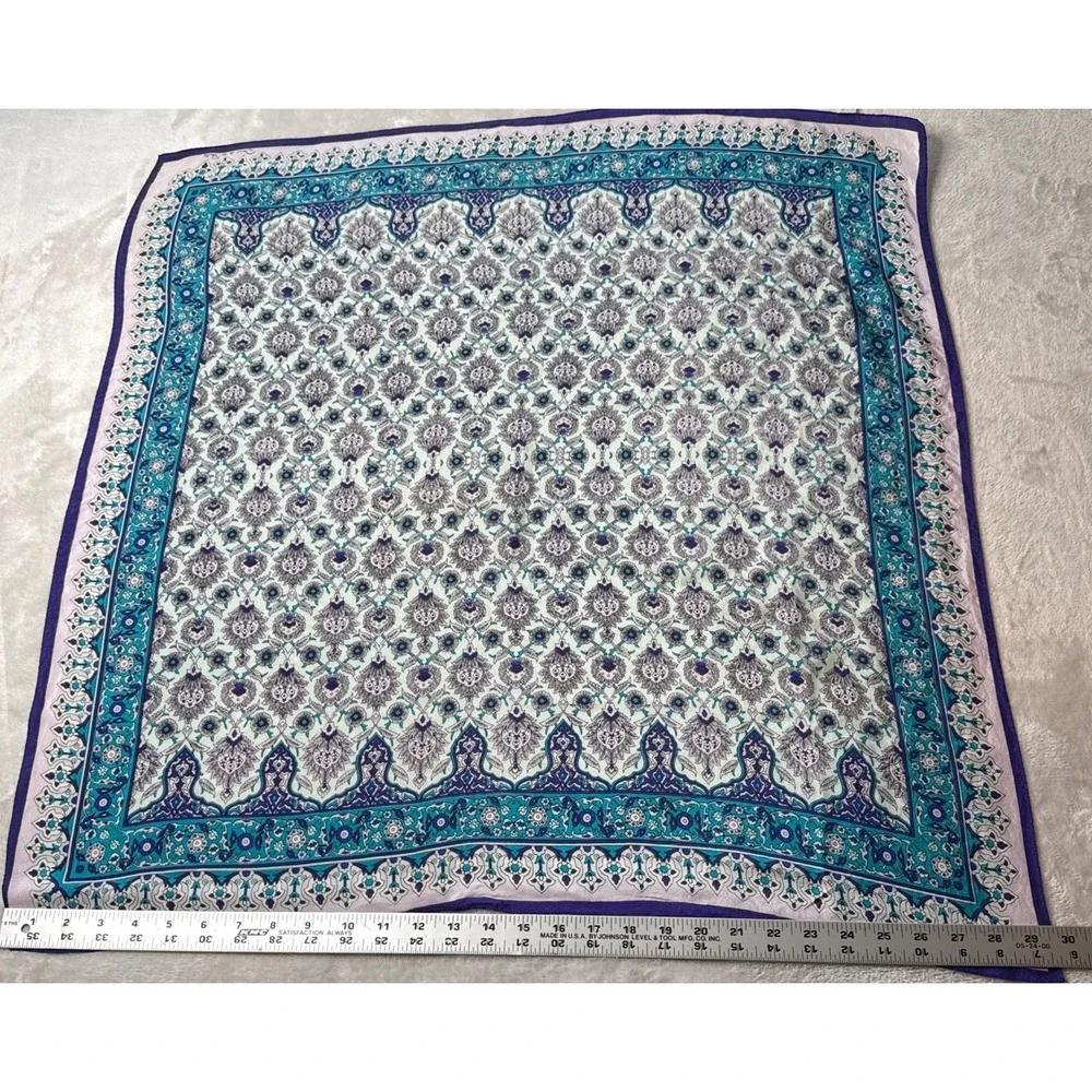VTG Oscar de la Renta Silk Scarf Japan RN 62720 Teal Purple Floral Square Flaw